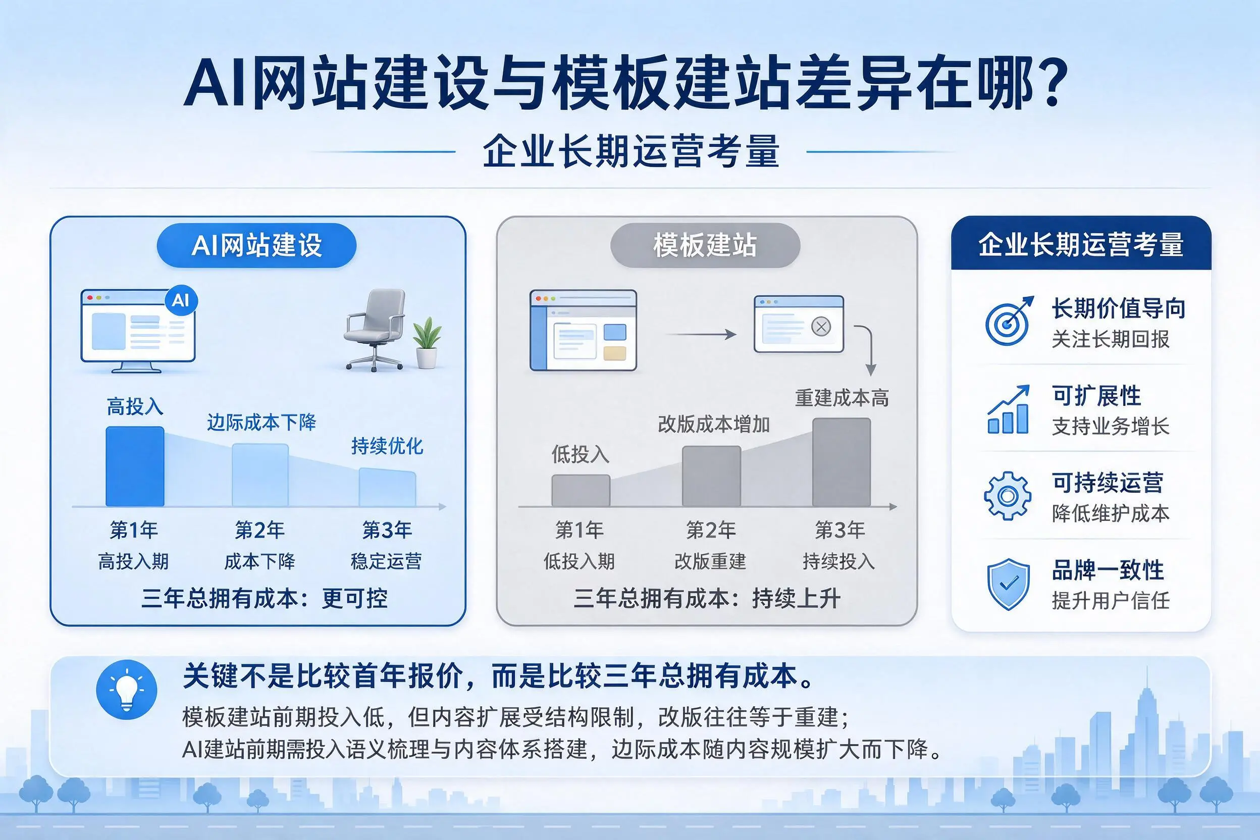 AI网站建设与模板建站差异在哪?葫芦岛企业长期运营考量