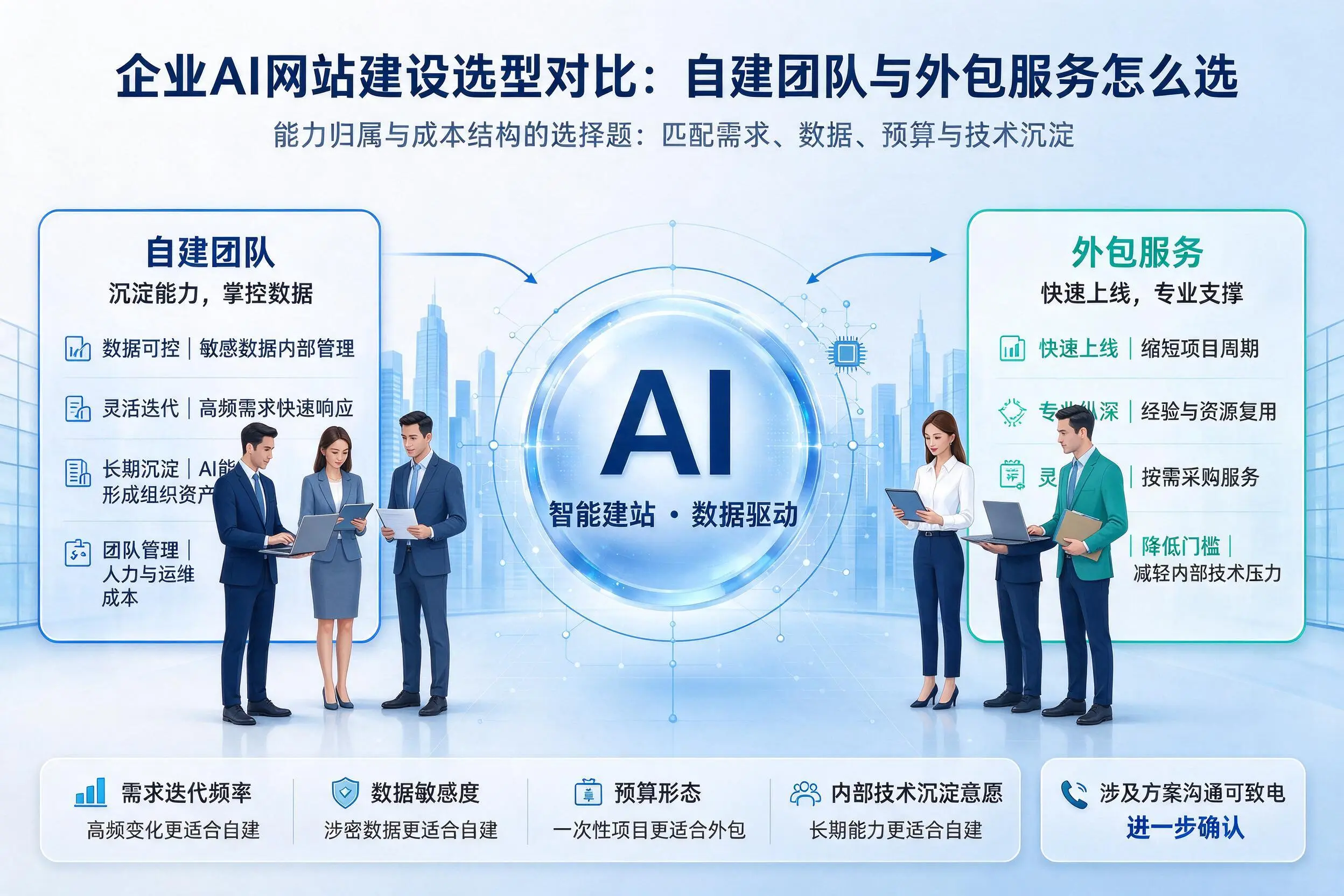 葫芦岛企业AI网站建设选型对比:自建团队与外包服务怎么选